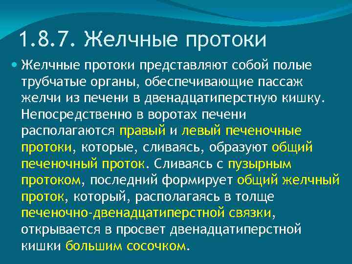 1. 8. 7. Желчные протоки представляют собой полые трубчатые органы, обеспечивающие пассаж желчи из