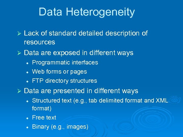 Data Heterogeneity Lack of standard detailed description of resources Ø Data are exposed in