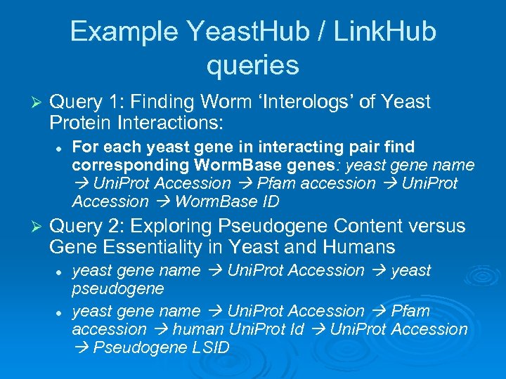 Example Yeast. Hub / Link. Hub queries Ø Query 1: Finding Worm ‘Interologs’ of