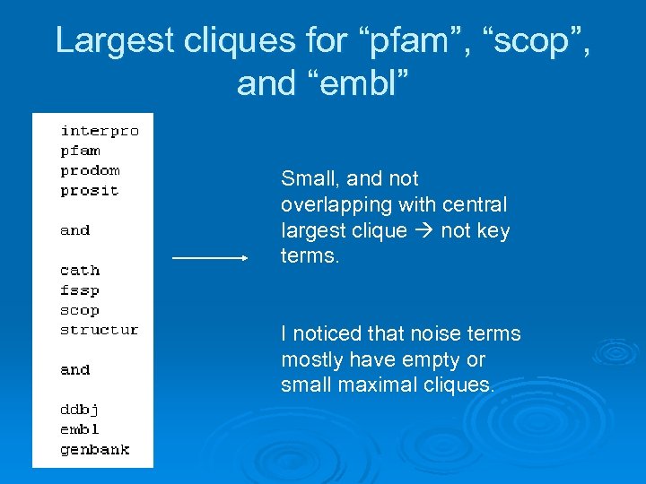 Largest cliques for “pfam”, “scop”, and “embl” Small, and not overlapping with central largest