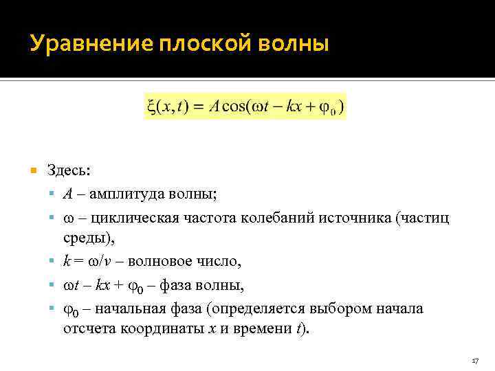 Уравнение плоской волны Здесь: A – амплитуда волны; – циклическая частота колебаний источника (частиц