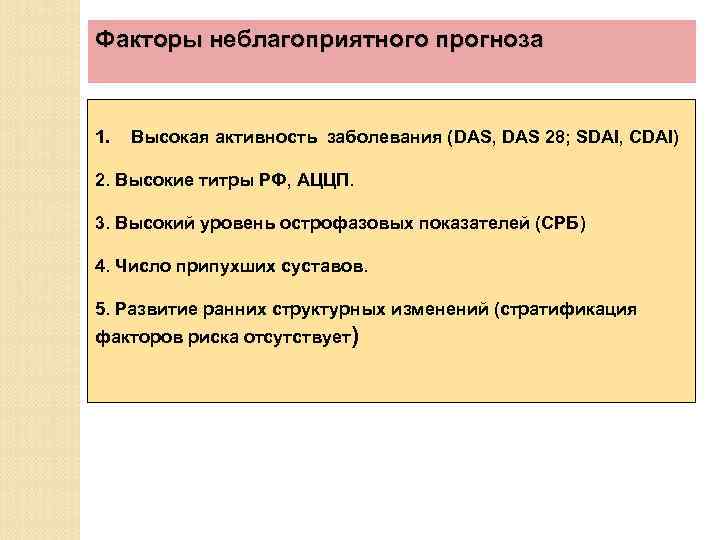 Факторы неблагоприятного прогноза 1. Высокая активность заболевания (DAS, DAS 28; SDAI, CDAI) 2. Высокие