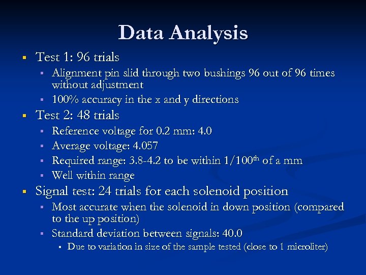 Data Analysis § Test 1: 96 trials § § § Test 2: 48 trials