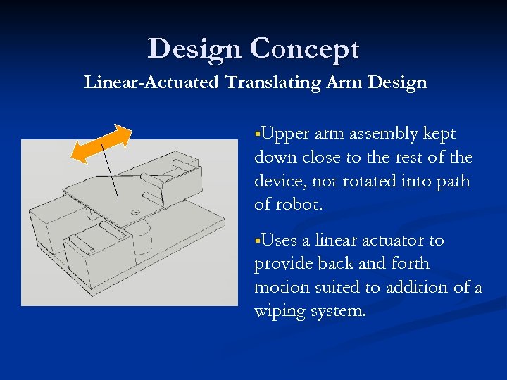 Design Concept Linear-Actuated Translating Arm Design §Upper arm assembly kept down close to the