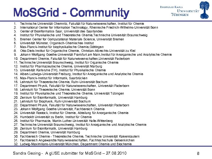 Mo. SGrid - Community 1. Technische Universität Chemnitz, Fakultät für Naturwissenschaften, Institut für Chemie