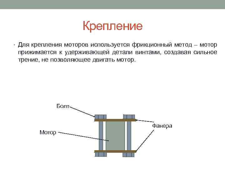 Крепление • Для крепления моторов используется фрикционный метод – мотор прижимается к удерживающей детали