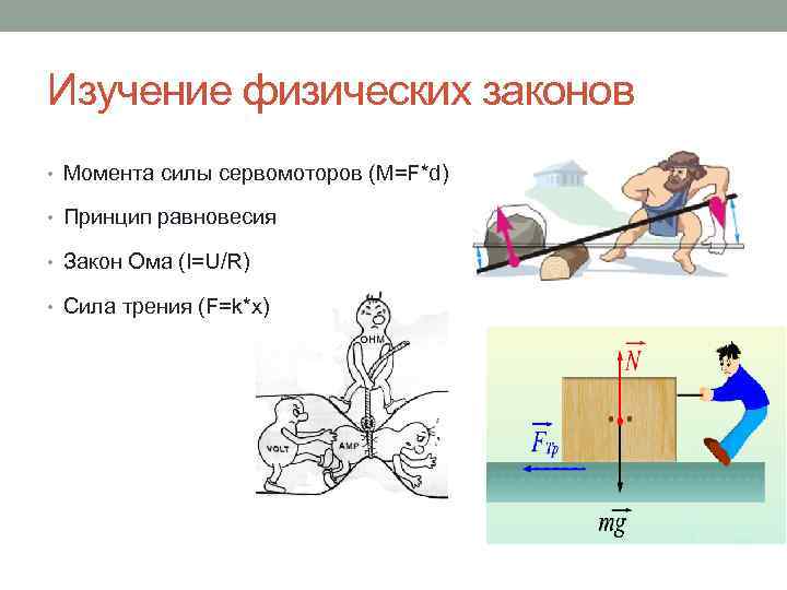 Изучение физических законов • Момента силы сервомоторов (M=F*d) • Принцип равновесия • Закон Ома