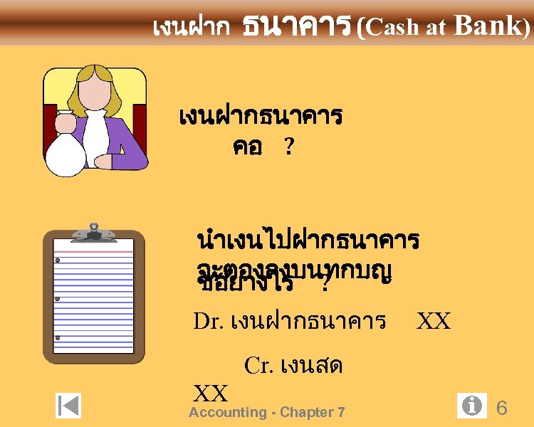 เงนฝาก ธนาคาร (Cash at Bank) เงนฝากธนาคาร คอ ? นำเงนไปฝากธนาคาร จะตองลงบนทกบญ ชอยางไร ? Dr. เงนฝากธนาคาร