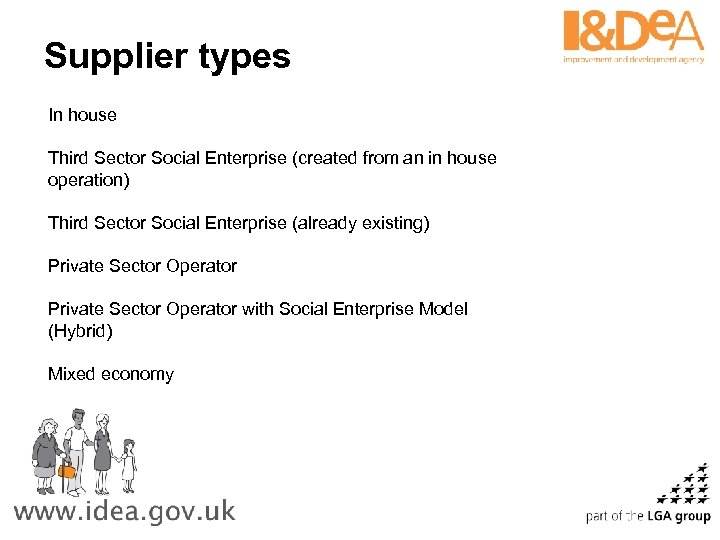 Supplier types In house Third Sector Social Enterprise (created from an in house operation)