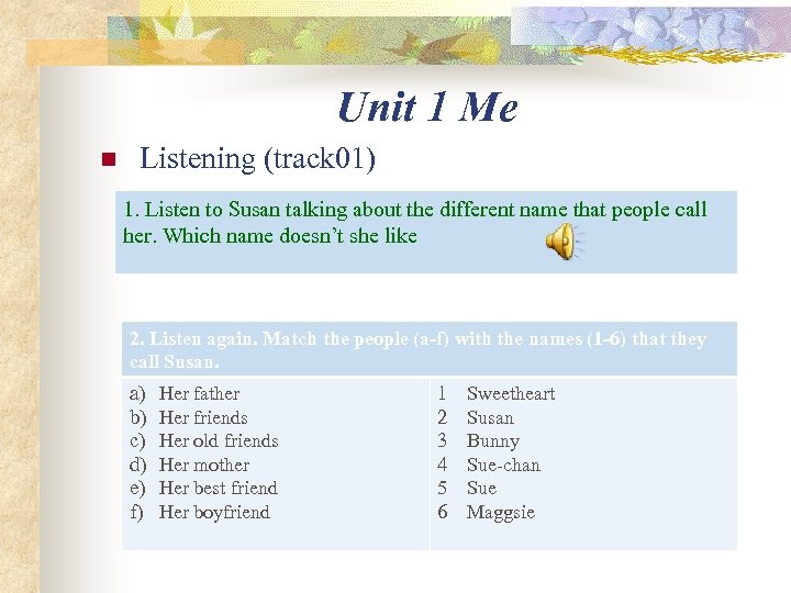 Unit 1 Me n Listening (track 01) 1. Listen to Susan talking about the