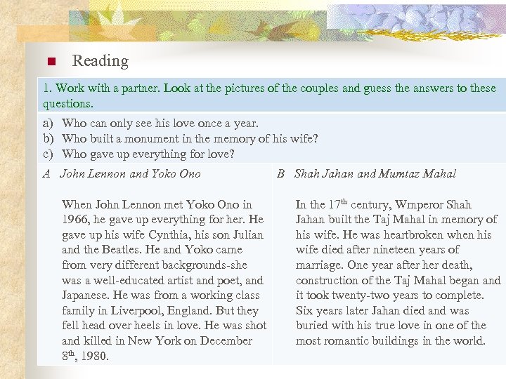 n Reading 1. Work with a partner. Look at the pictures of the couples