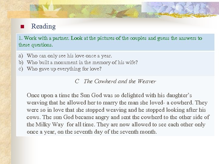 n Reading 1. Work with a partner. Look at the pictures of the couples