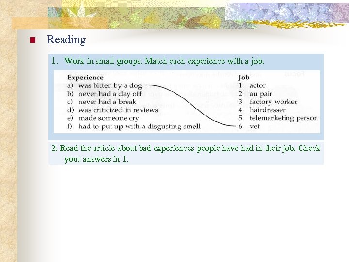 n Reading 1. Work in small groups. Match each experience with a job. 2.