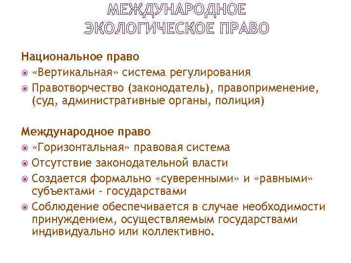 МЕЖДУНАРОДНОЕ ЭКОЛОГИЧЕСКОЕ ПРАВО Национальное право «Вертикальная» система регулирования Правотворчество (законодатель), правоприменение, (суд, административные органы,