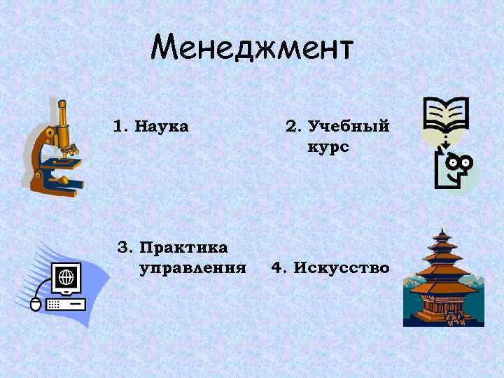 Менеджмент 1. Наука 3. Практика управления 2. Учебный курс 4. Искусство 