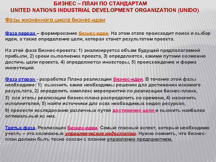БИЗНЕС – ПЛАН ПО СТАНДАРТАМ UNITED NATIONS INDUSTRIAL DEVELOPMENT ORGANIZATION (UNIDO) Фазы жизненного цикла