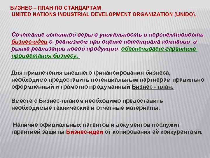 БИЗНЕС – ПЛАН ПО СТАНДАРТАМ UNITED NATIONS INDUSTRIAL DEVELOPMENT ORGANIZATION (UNIDO). Сочетание истинной веры