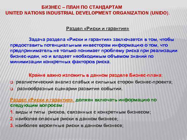 БИЗНЕС – ПЛАН ПО СТАНДАРТАМ UNITED NATIONS INDUSTRIAL DEVELOPMENT ORGANIZATION (UNIDO). Раздел «Риски и