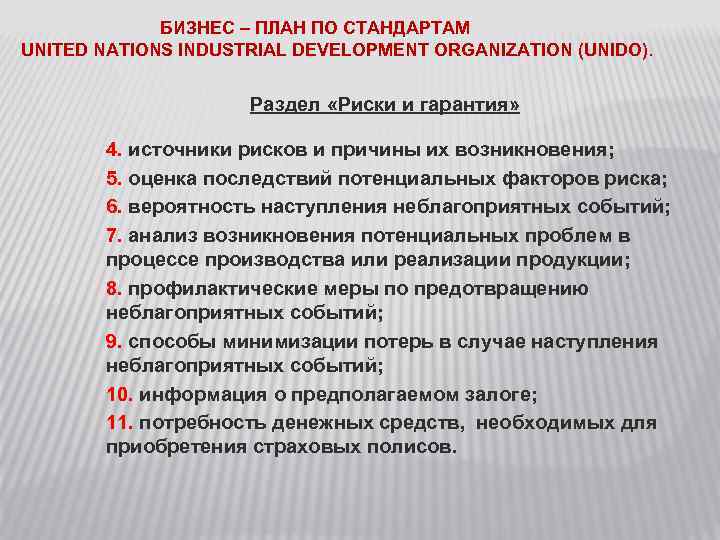 БИЗНЕС – ПЛАН ПО СТАНДАРТАМ UNITED NATIONS INDUSTRIAL DEVELOPMENT ORGANIZATION (UNIDO). Раздел «Риски и