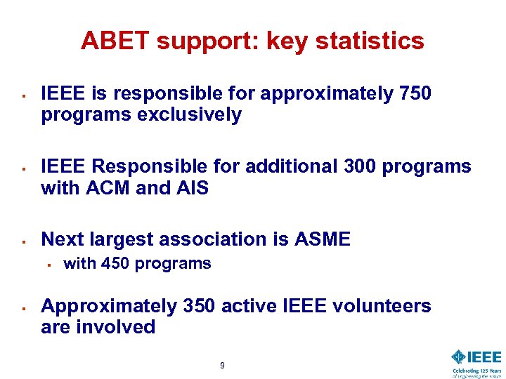 ABET support: key statistics § § § IEEE is responsible for approximately 750 programs