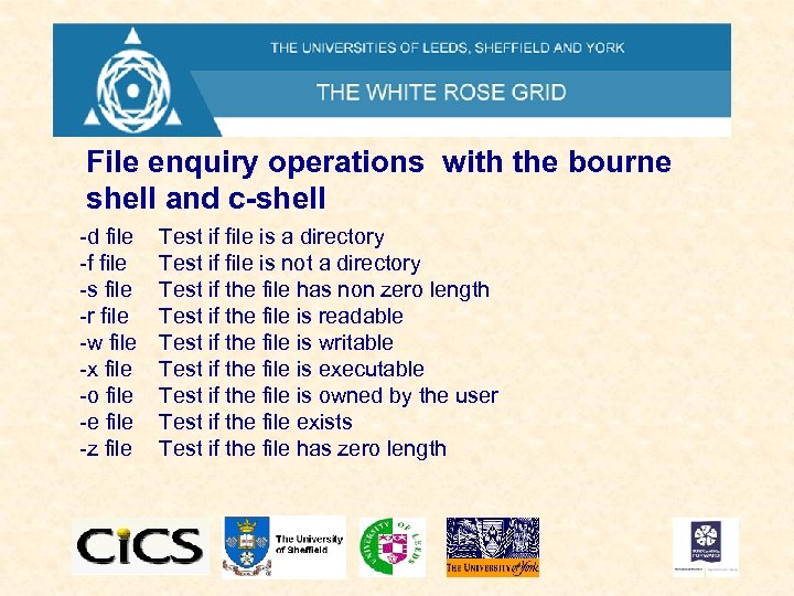 File enquiry operations with the bourne shell and c-shell -d file -f file -s