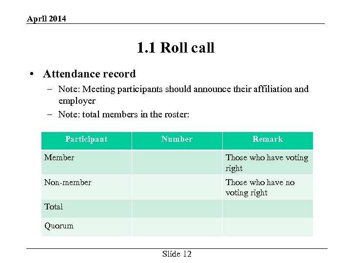 April 2014 1. 1 Roll call • Attendance record – Note: Meeting participants should