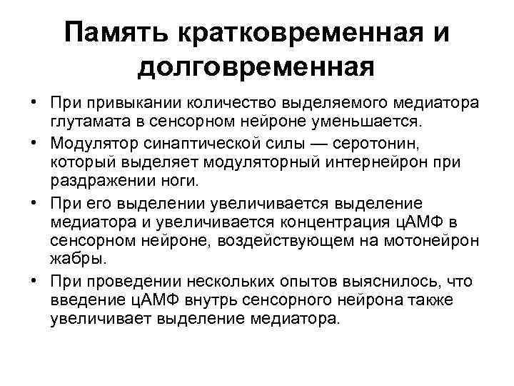 Память кратковременная и долговременная • При привыкании количество выделяемого медиатора глутамата в сенсорном нейроне