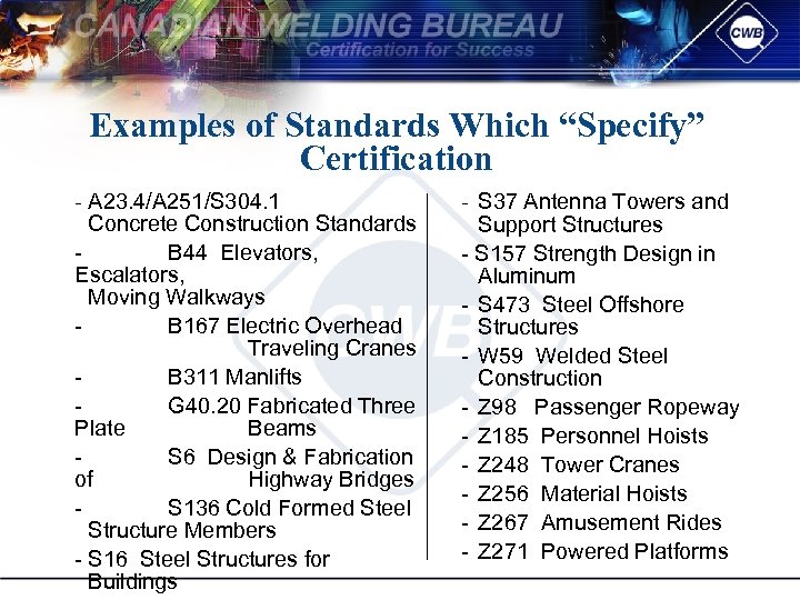 Examples of Standards Which “Specify” Certification A 23. 4/A 251/S 304. 1 Concrete Construction