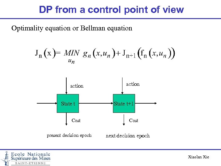 DP from a control point of view Optimality equation or Bellman equation action State
