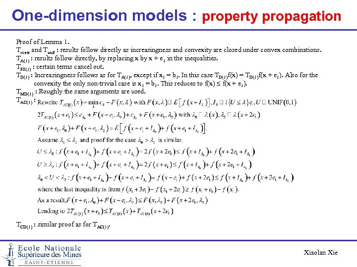 One-dimension models : property propagation Proof of Lemma 1. Tcosts and Tunif : results