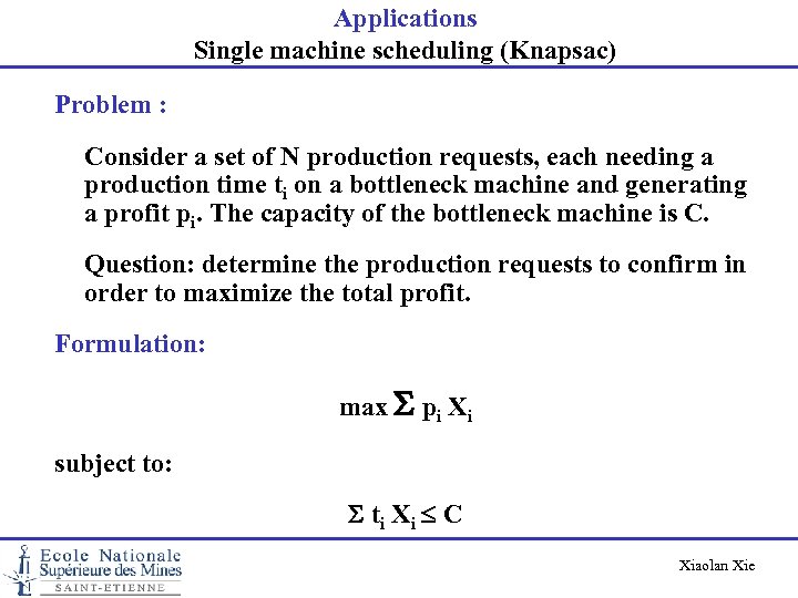 Applications Single machine scheduling (Knapsac) Problem : Consider a set of N production requests,
