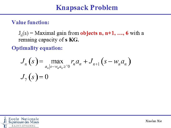 Knapsack Problem Value function: Jn(s) = Maximal gain from objects n, n+1, …, 6