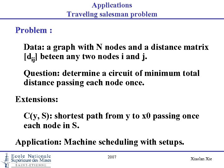 Applications Traveling salesman problem Problem : Data: a graph with N nodes and a