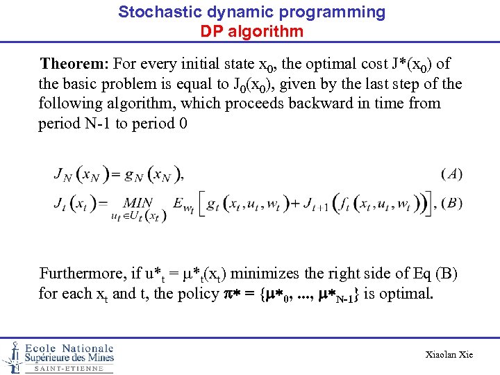Stochastic dynamic programming DP algorithm Theorem: For every initial state x 0, the optimal