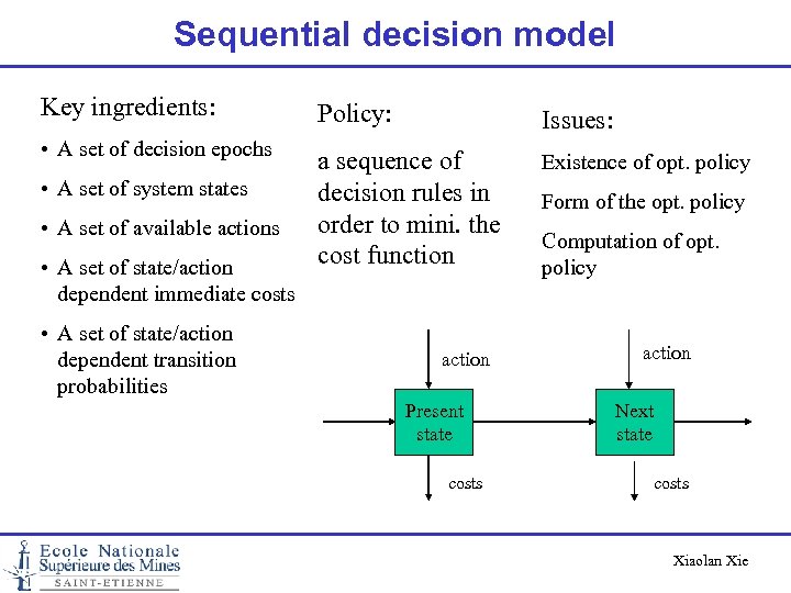 Sequential decision model Key ingredients: Policy: Issues: • A set of decision epochs a