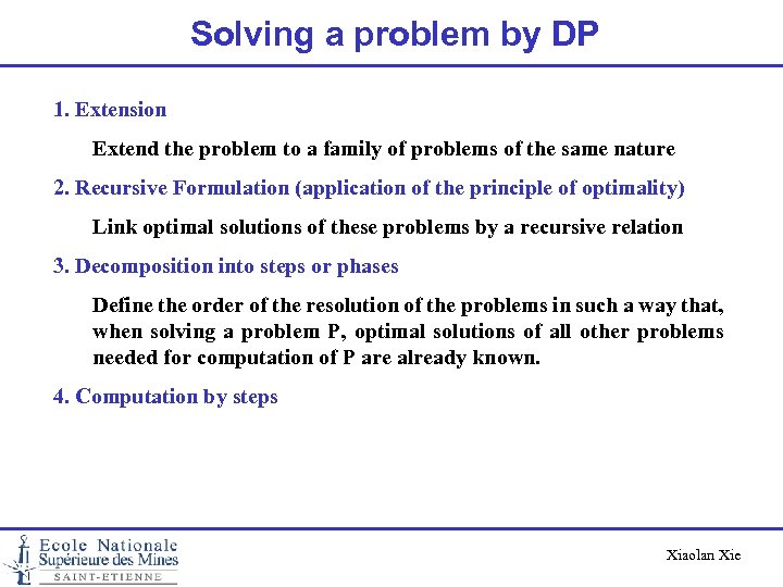 Solving a problem by DP 1. Extension Extend the problem to a family of