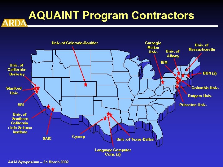 AQUAINT Program Contractors Univ. of Colorado-Boulder Carnegie Mellon Univ. of Albany Univ. of Massachusetts