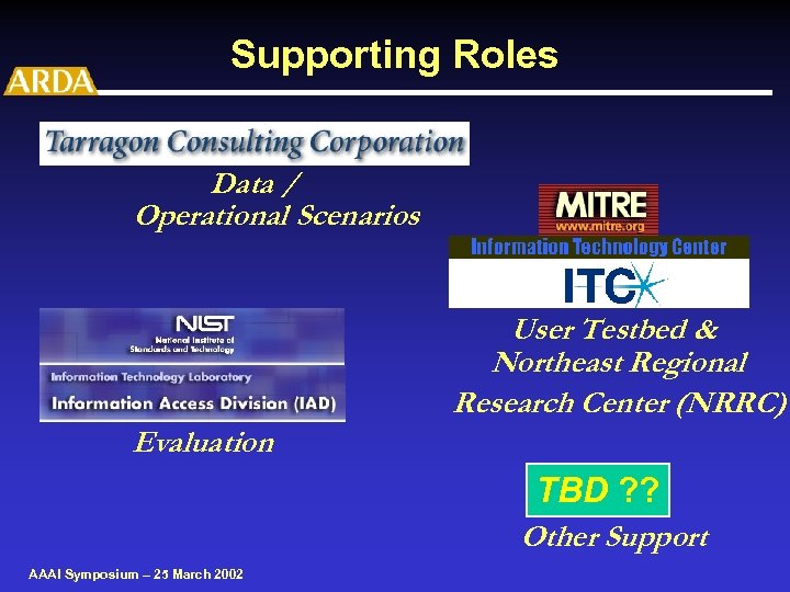 Supporting Roles Data / Operational Scenarios User Testbed & Northeast Regional Research Center (NRRC)