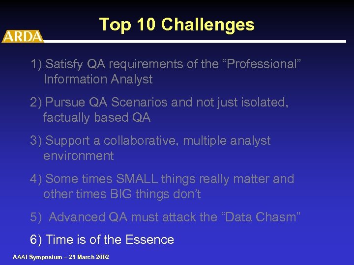 Top 10 Challenges 1) Satisfy QA requirements of the “Professional” Information Analyst 2) Pursue