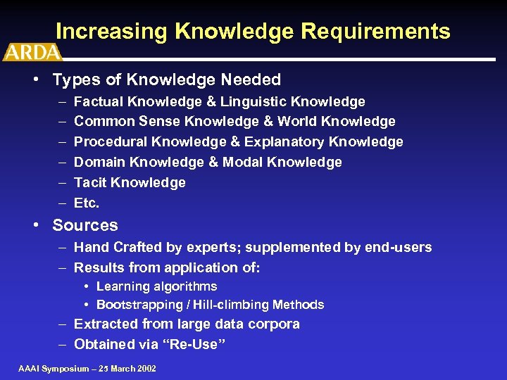Increasing Knowledge Requirements • Types of Knowledge Needed – – – Factual Knowledge &