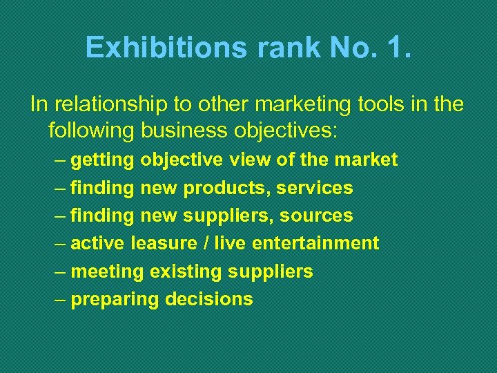 Exhibitions rank No. 1. In relationship to other marketing tools in the following business