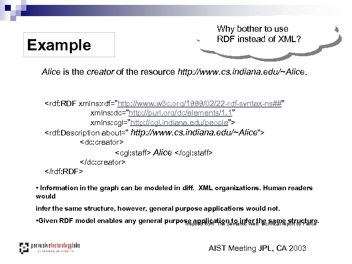 Example Why bother to use RDF instead of XML? Alice is the creator of