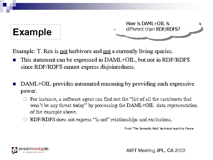 Example How is DAML+OIL is different than RDF/RDFS? Example: T. Rex is not herbivore