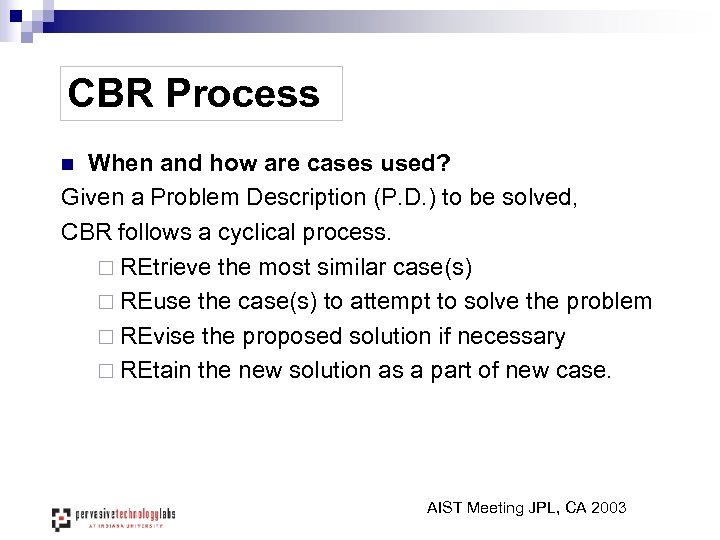 CBR Process When and how are cases used? Given a Problem Description (P. D.