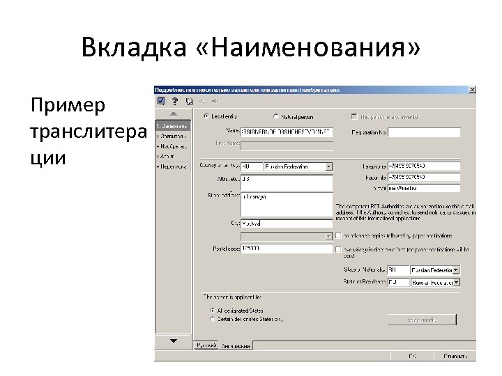 Вкладка «Наименования» Пример транслитера ции 