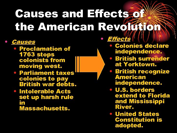 Causes and Effects of the American Revolution • Causes • Proclamation of 1763 stops