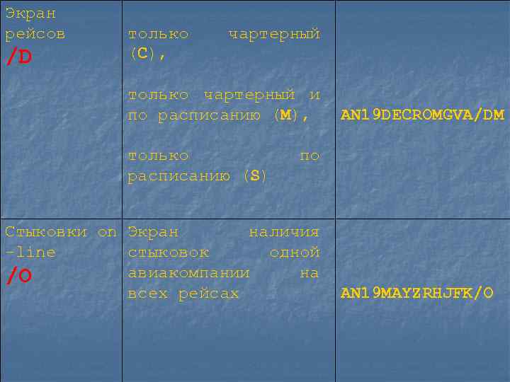 Экран рейсов /D только (С), чартерный только чартерный и по расписанию (М), только расписанию