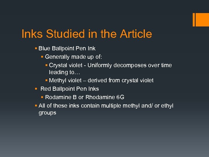 Inks Studied in the Article § Blue Ballpoint Pen Ink § Generally made up