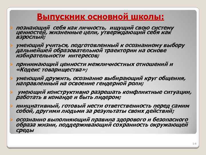 Выпускник основной школы: Ø Ø Ø Ø познающий себя как личность, ищущий свою систему