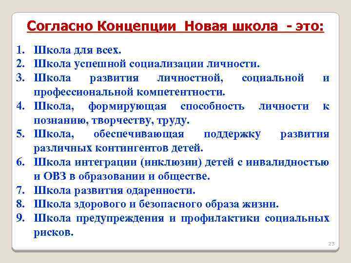 Согласно Концепции Новая школа - это: 1. Школа для всех. 2. Школа успешной социализации